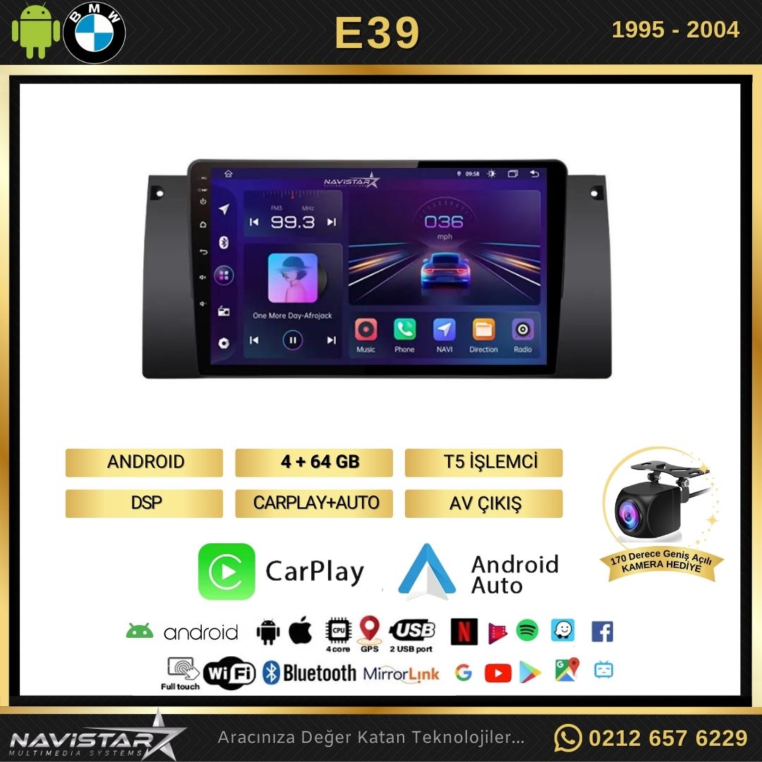 Bmw E39 1995-2004 Model 4GB + 64GB Android 13 Kablosuz Carplay Navigasyon Multimedya Sistemi