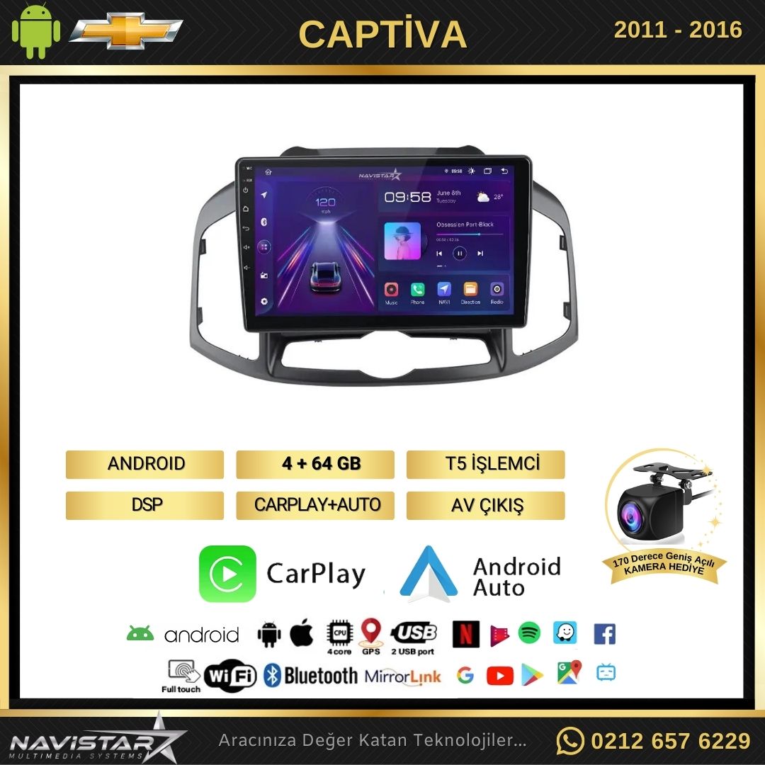 Chevrolet Captiva 2011-2016 Model 4GB + 64GB Android 13 Kablosuz Carplay Navigasyon Multimedya Sistemi