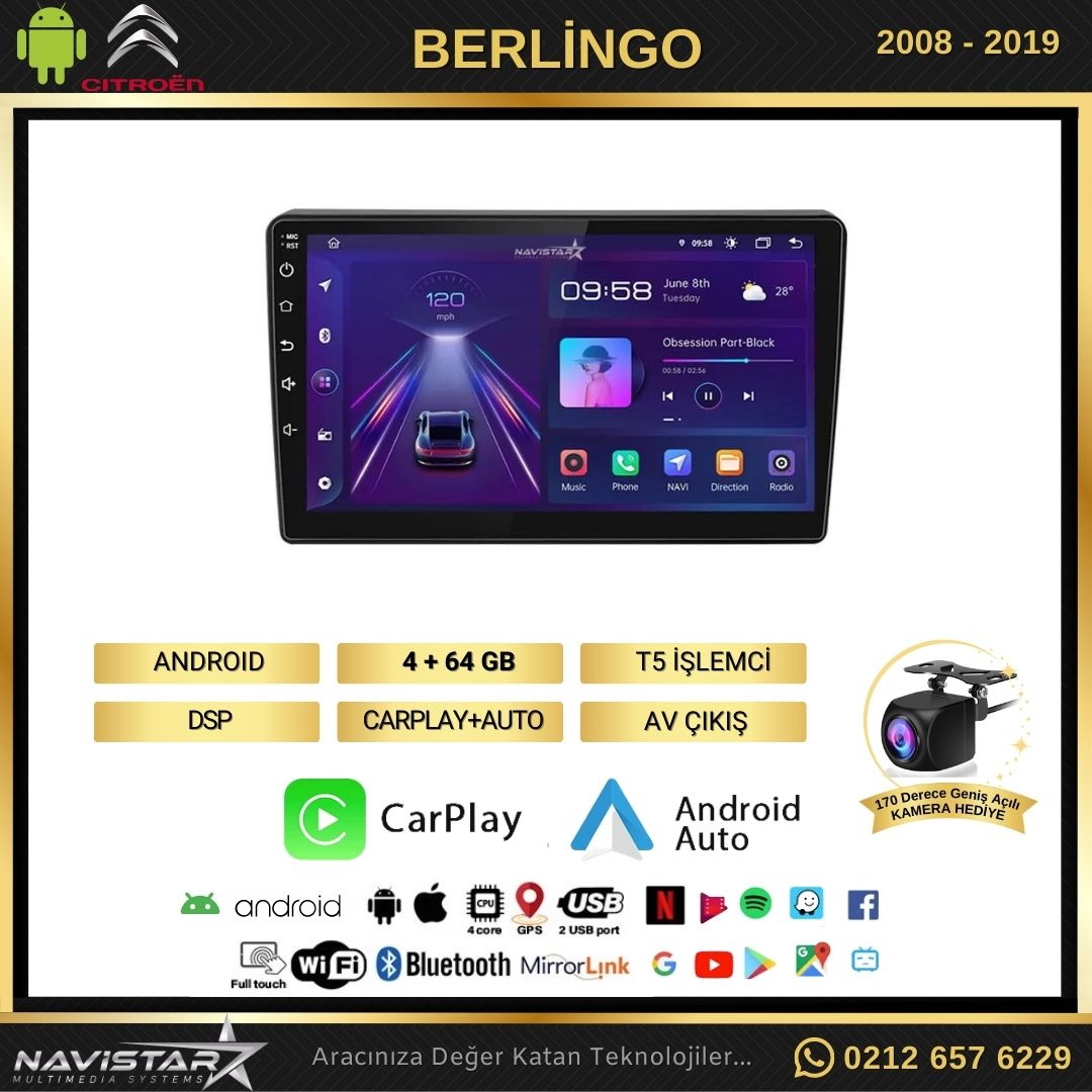 Citroen Berlingo 2008-2019 Model 4GB + 64GB Android 13 Kablosuz Carplay Navigasyon Multimedya Sistemi
