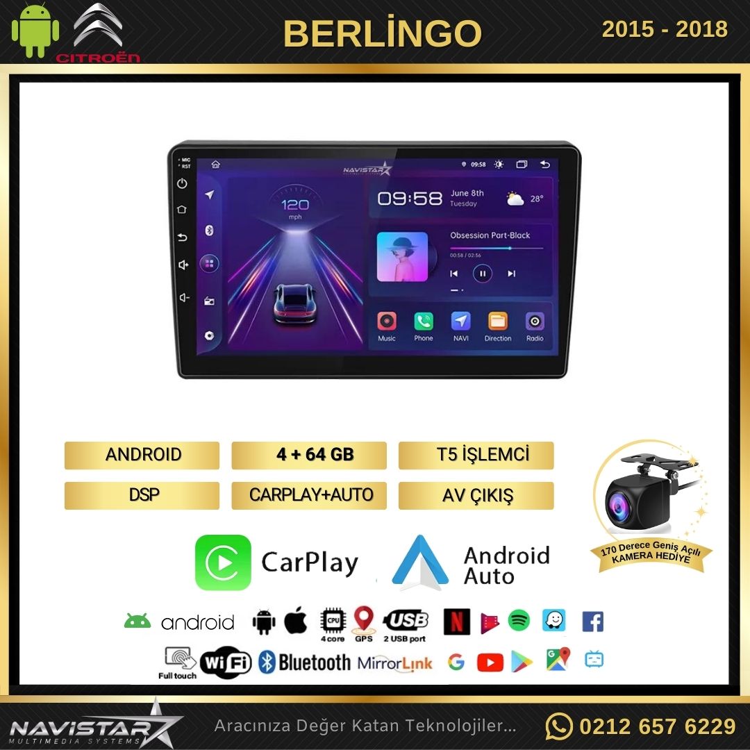 Citroen Berlingo 2015-2018 Model 4GB + 64GB Android 13 Kablosuz Carplay Navigasyon Multimedya Sistemi