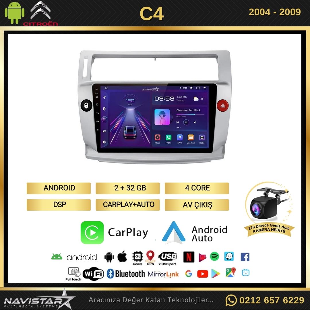 Citroen C4 2004-2009 Model 2GB + 64GB Android 13 Kablosuz Carplay Navigasyon Multimedya Sistemi