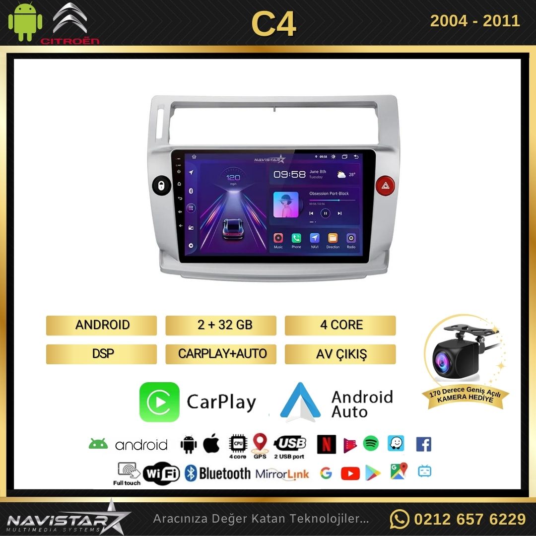 Citroen C4 2004-2011 Model 2GB + 64GB Android 13 Kablosuz Carplay Navigasyon Multimedya Sistemi