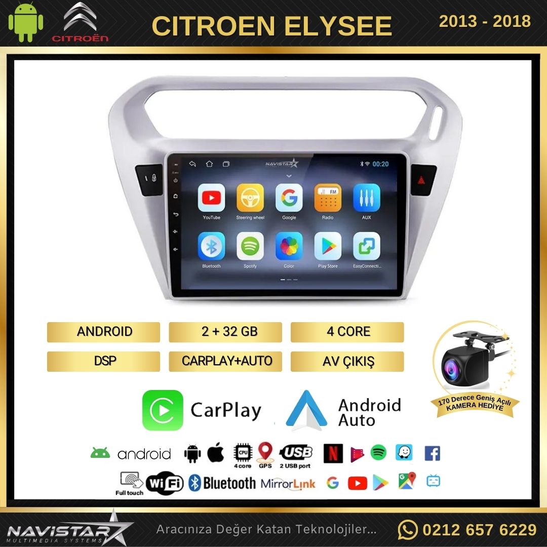 Citroen Elysee 2+64GB Kablosuz Carplay 2013-2018 Android 13 Navigasyon Multimedya Sistemi
