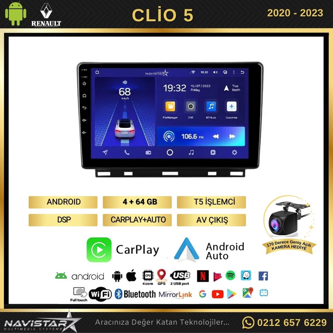Clio 5 2020-2023 Model 4GB + 64GB Android 13 Kablosuz Carplay Navigasyon Multimedya Sistemi