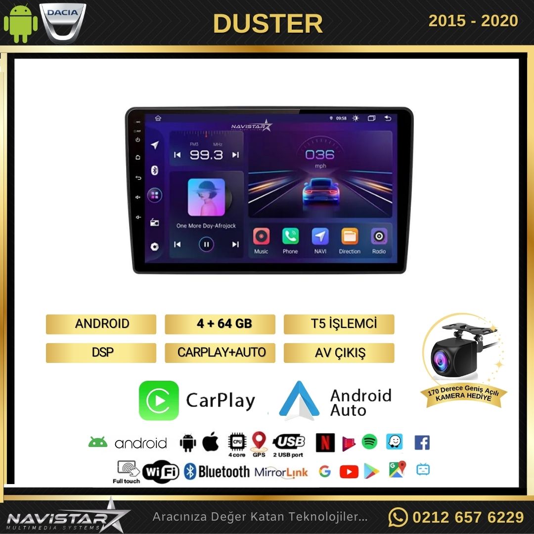 Dacia Duster 2015-2020 Model 4GB + 64GB Android 13 Kablosuz Carplay Navigasyon Multimedya Sistemi