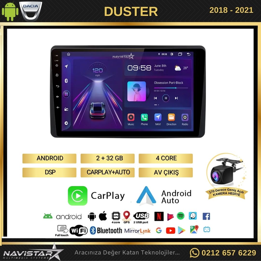 Dacia Duster 2018-2021 Model 2GB + 64GB Android 13 Kablosuz Carplay Navigasyon Multimedya Sistemi