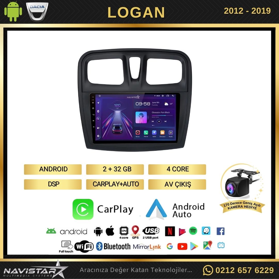 Dacia Logan 2012-2019 Model 2+64GB Android 13 Kablosuz Carplay Navigasyon Multimedya Sistemi