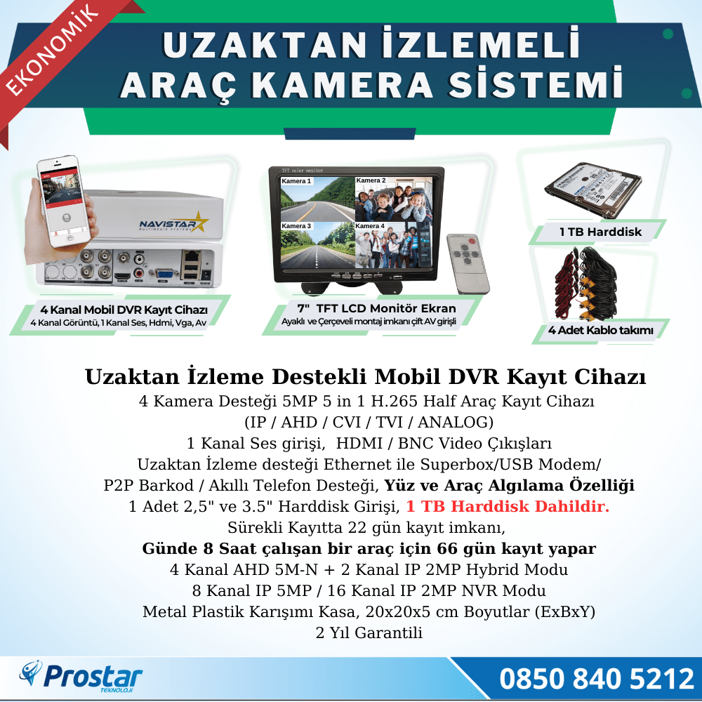 Ekonomik 4 Kameralı Kayıtlı 1 Tb Hdd 7 Inç Ekranlı Uzaktan İzlemeli Tak Kullan Set