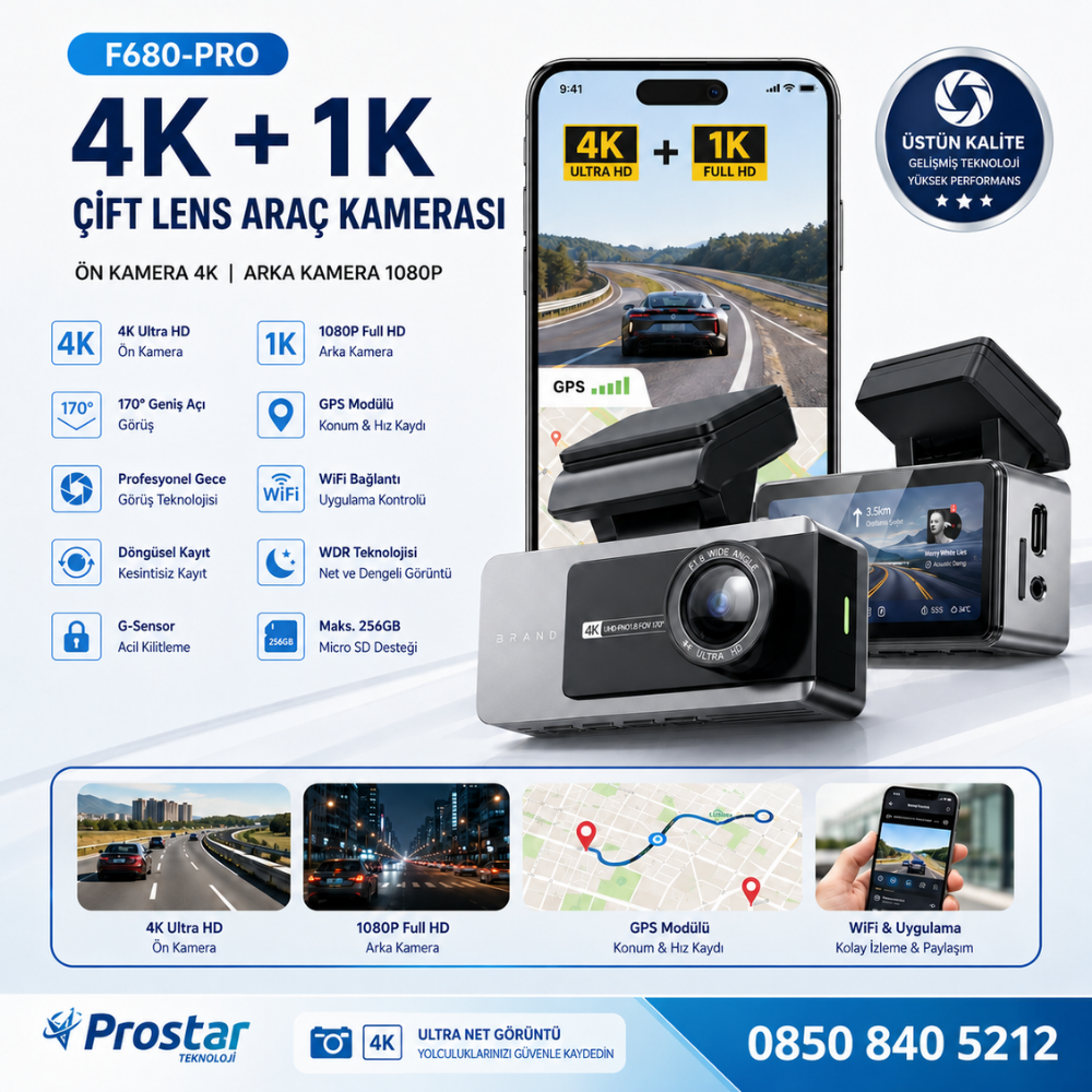F680-PRO 4K Ultra HD Çift Kameralı Araç Kamerası (Dashcam) - WiFi, GPS, 24 Saat Park Modu