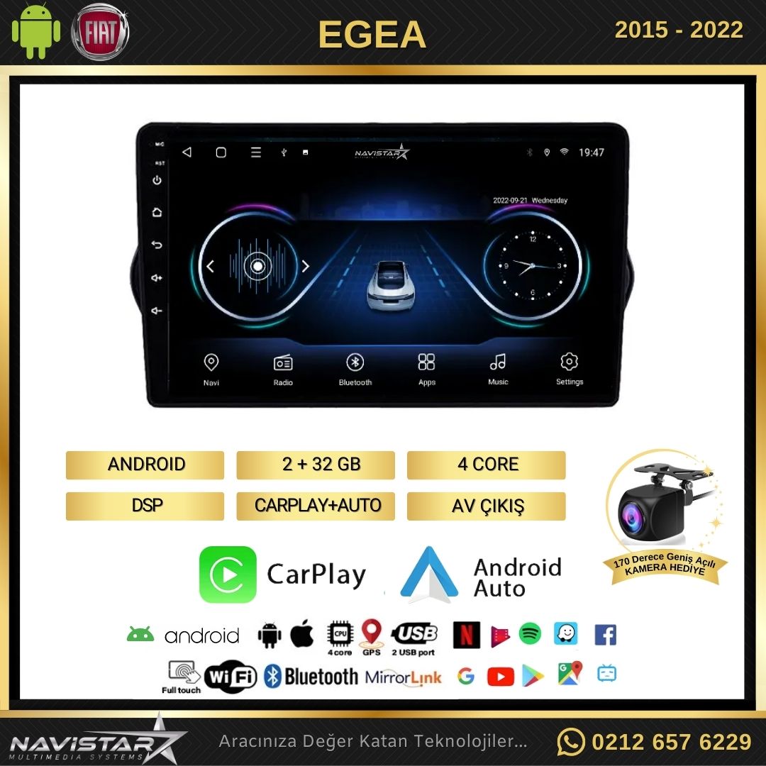 Fiat Egea 2+64GB Kablosuz Carplay 2015-2022 Android 13 Navigasyon Multimedya Sistemi