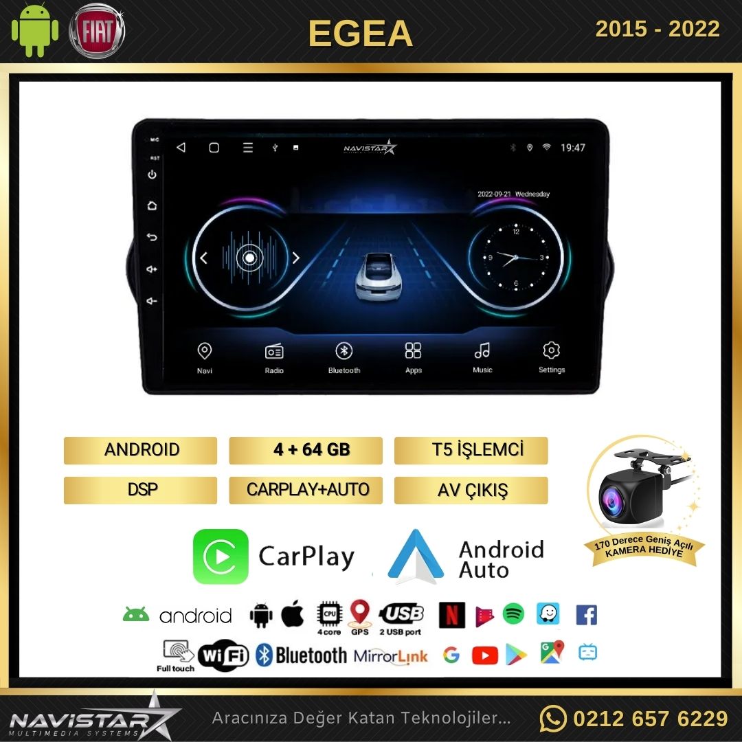 Fiat Egea 4GB + 64GB Kablosuz Carplay 2015-2022 Android 13 Navigasyon Multimedya Sistemi