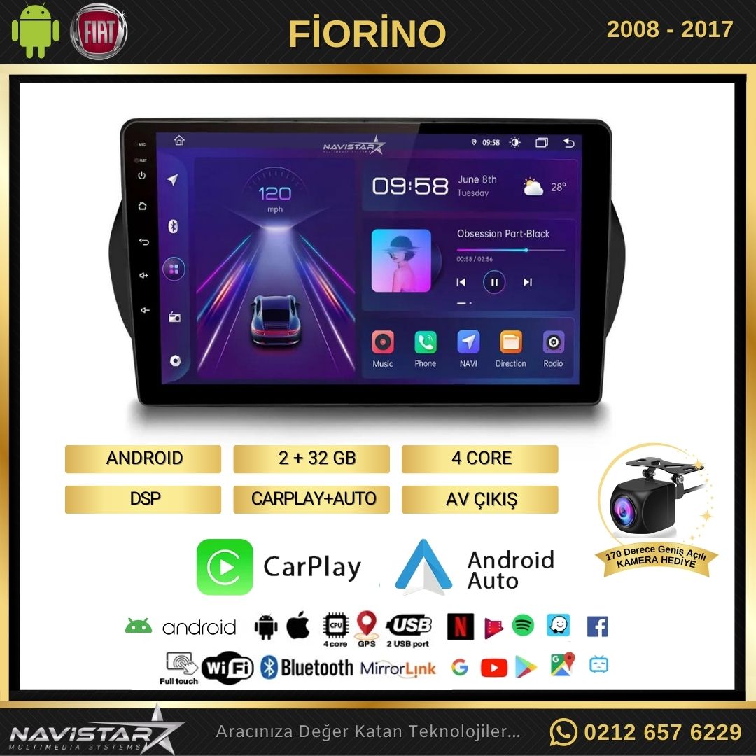 Fiat Fiorino 2+64GB Kablosuz Carplay 2008-2017 Android 13 Navigasyon Multimedya Sistemi