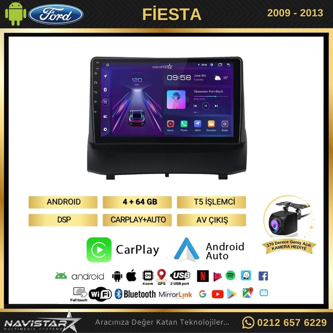 Ford Fiesta 2009-2013 Model 4GB + 64GB Android 13 Kablosuz Carplay Navigasyon Multimedya Sistemi