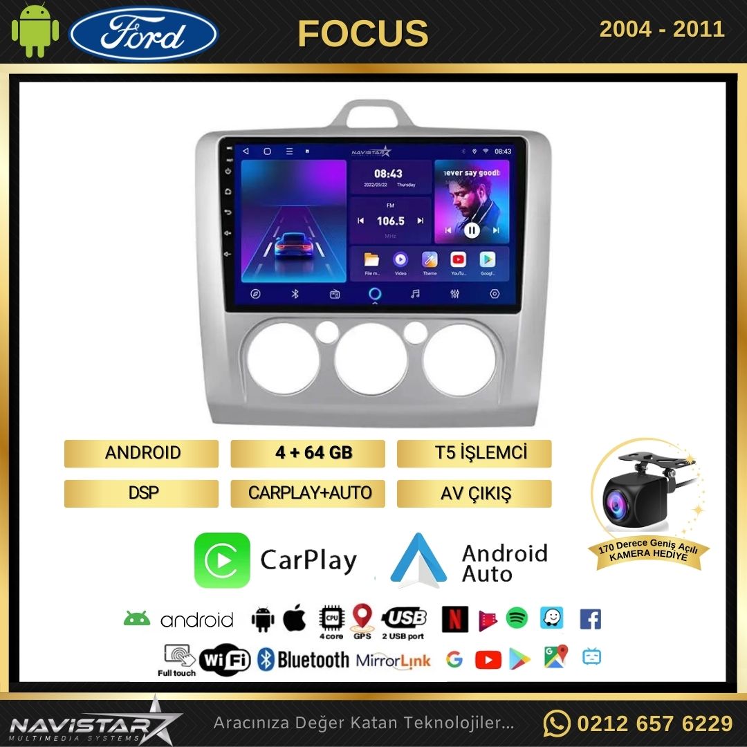 Ford Focus 2 Manuel Klima 4GB + 64GB Kablosuz Carplay Android 13 Navigasyon Multimedya Sistemi