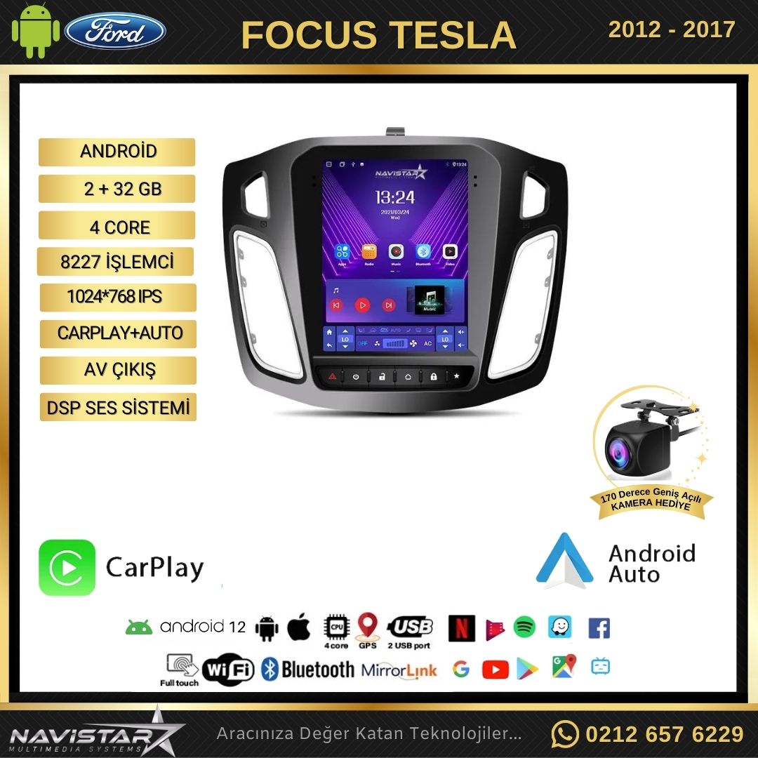 Ford Focus 2012-2018 Tesla Model 2GB + 32GB Kablosuz Carplay Navigasyon Multimedya Sistemi