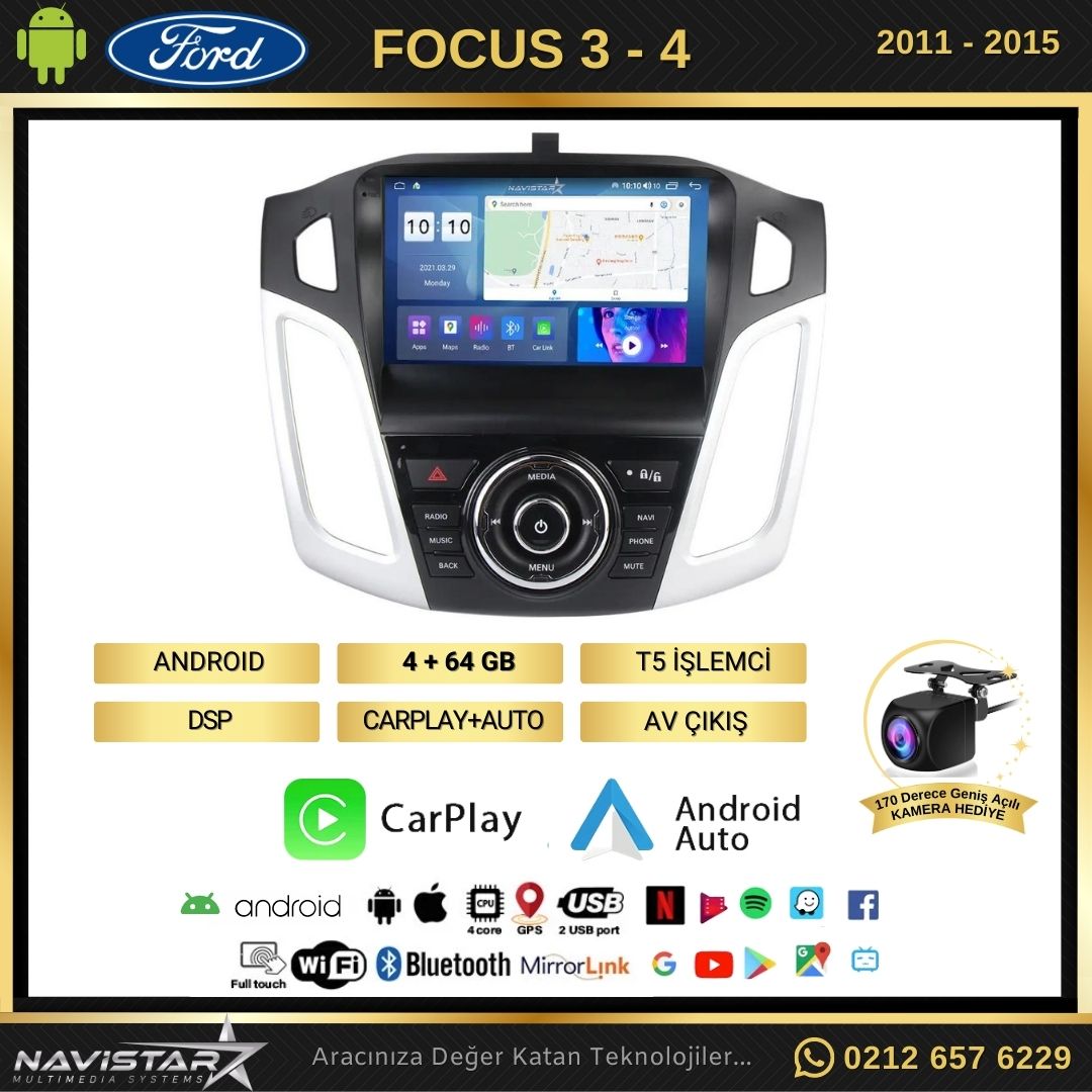 Ford Focus 34 Kablosuz Carplay 4GB + 64GB Android 13 2011-2015 Navigasyon Multimedya Sistemi