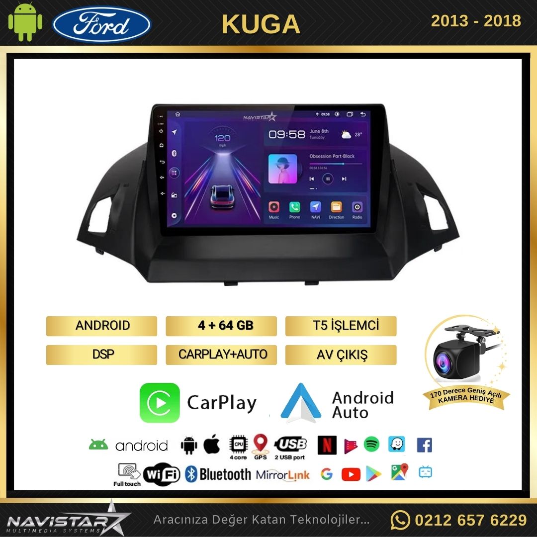 Ford Kuga 4GB + 64GB Android 13 Kablosuz Carplay 2013-2018 Navigasyon Multimedya Sistemi
