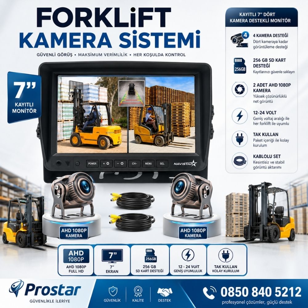 Forklift Kamera Sistemi Reach Truck 2 Kameralı 7 Inç Monitörlü Kayıtlı Kamera Seti