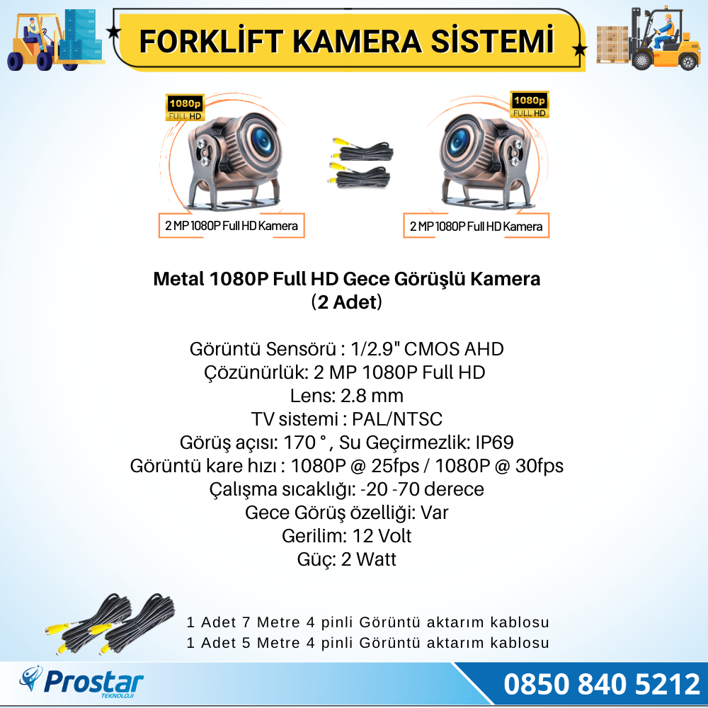 Forklift Kamera Sistemi Reach Truck 2 Kameralı 7 Inç Monitörlü Kayıtlı Kamera Seti