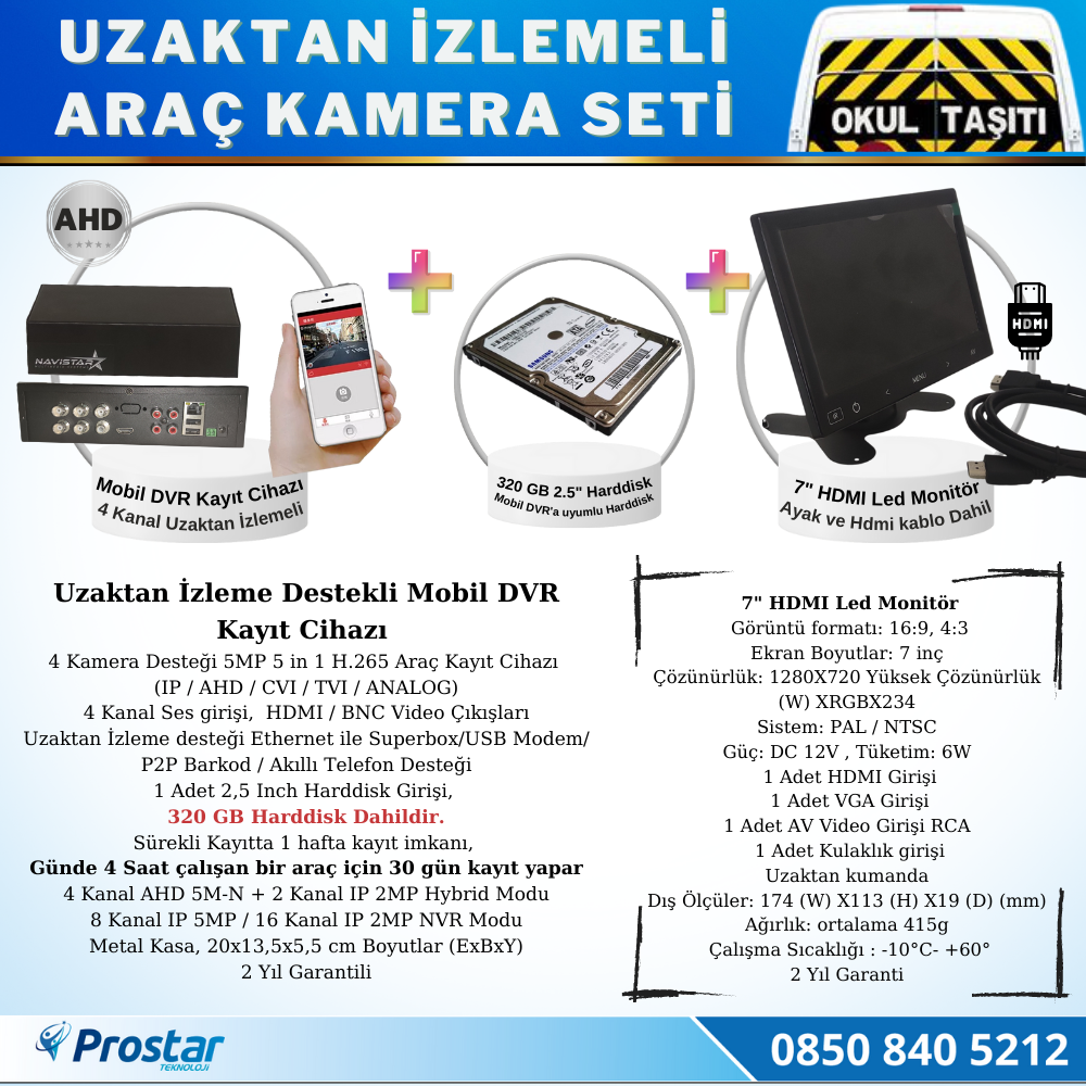 Full Ahd Araç Kamera Seti 4 Kameralı 320 Gb Harddisk Dahil Kayıtlı 7 Inç Hdmi Ekranlı