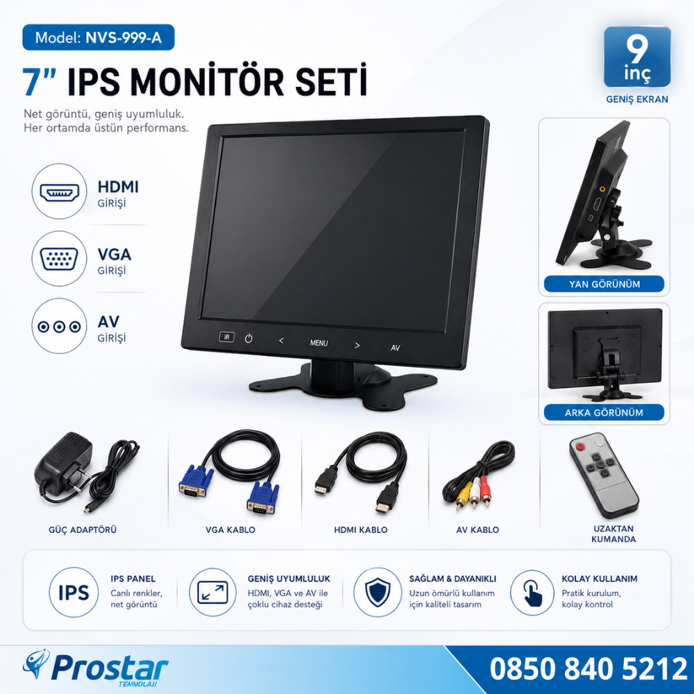 Güvenlik Kamera Monitörü 9" Ekran Hdmi Vga Av Girişli Lcd Ekran 4 Kanal
