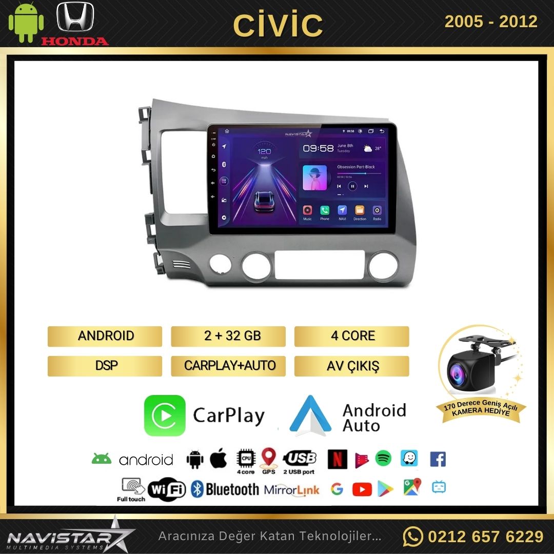 Honda Civic 2005-2012 Model 2GB + 64GB Android 13 Kablosuz Carplay Navigasyon Multimedya Sistemi