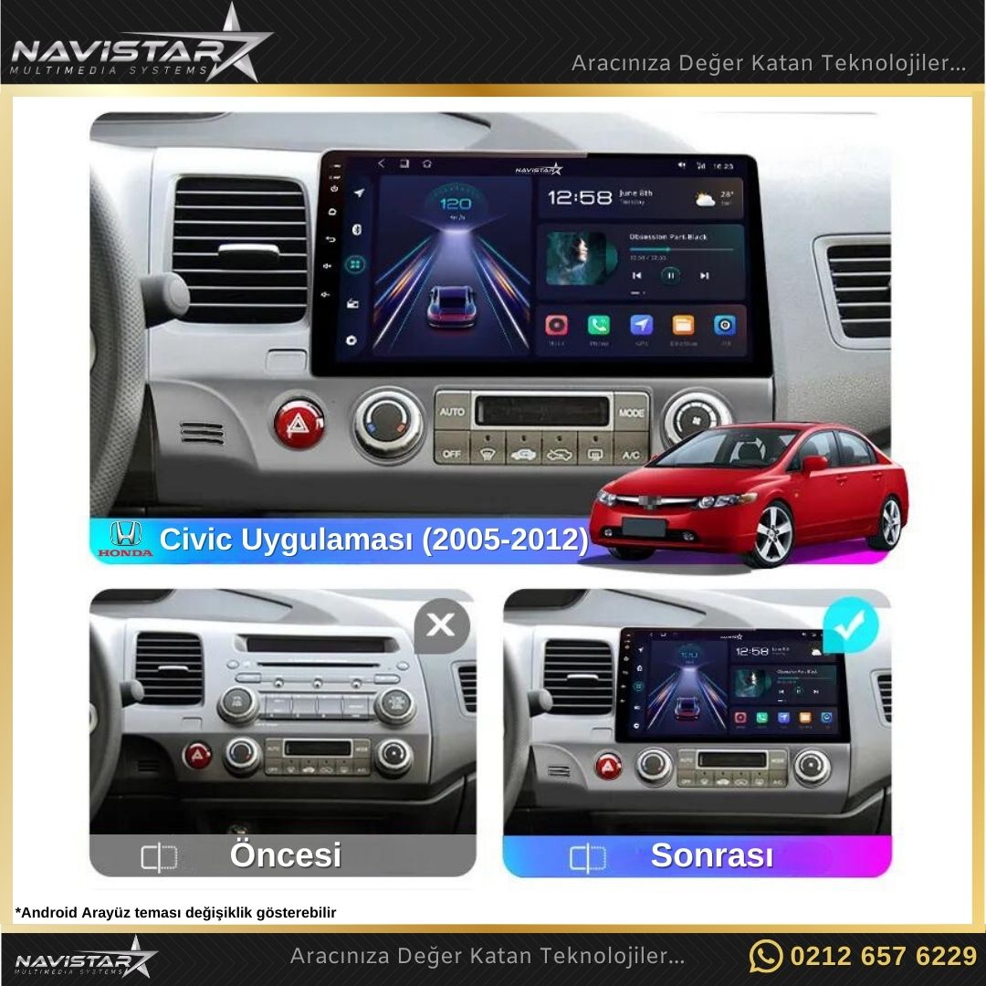Honda Civic 2005-2012 Model 2GB + 64GB Android 13 Kablosuz Carplay Navigasyon Multimedya Sistemi