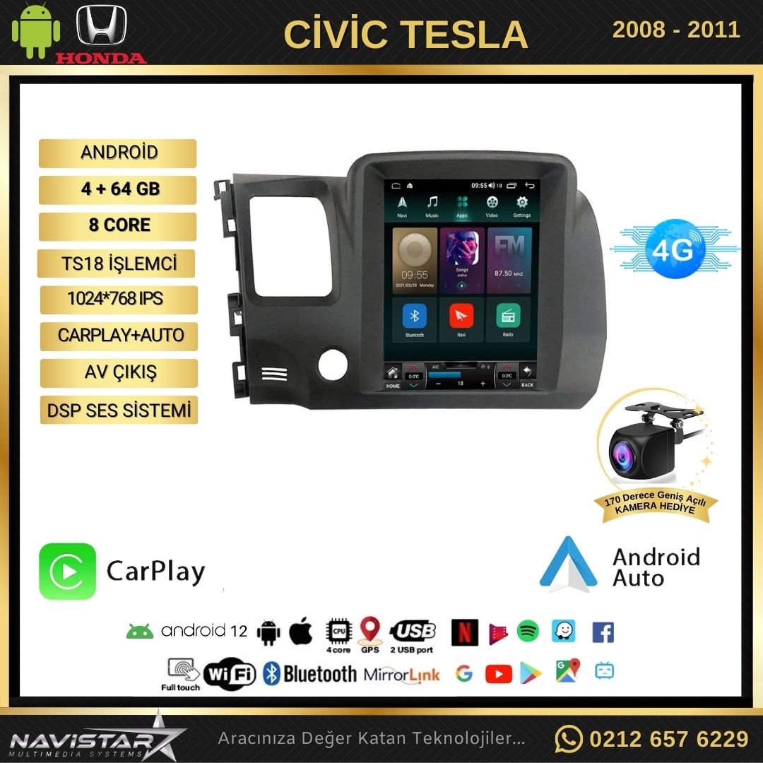 Honda Civic 2005-2012 Tesla Model 4GB + 64GB Kablosuz Carplay Navigasyon Qled Multimedya Sistemi