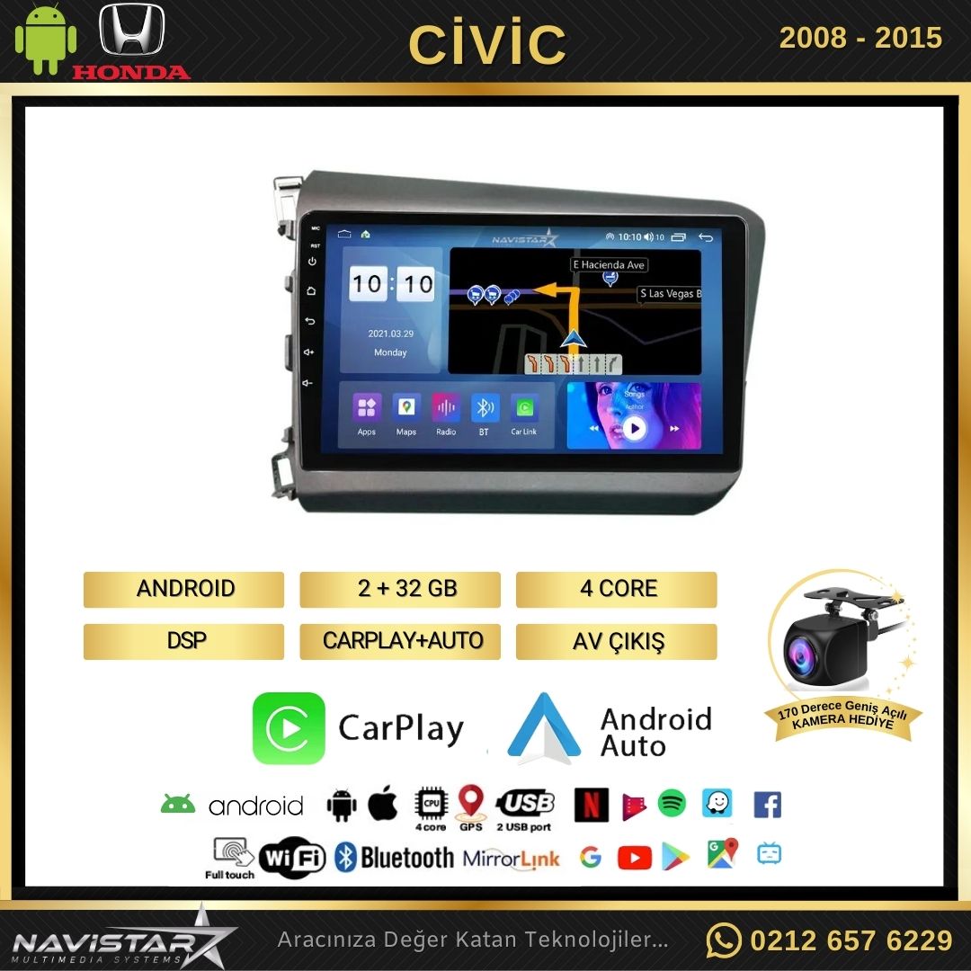 Honda Civic 2008-2015 Model 2GB + 64GB Android 13 Kablosuz Carplay Navigasyon Multimedya Sistemi