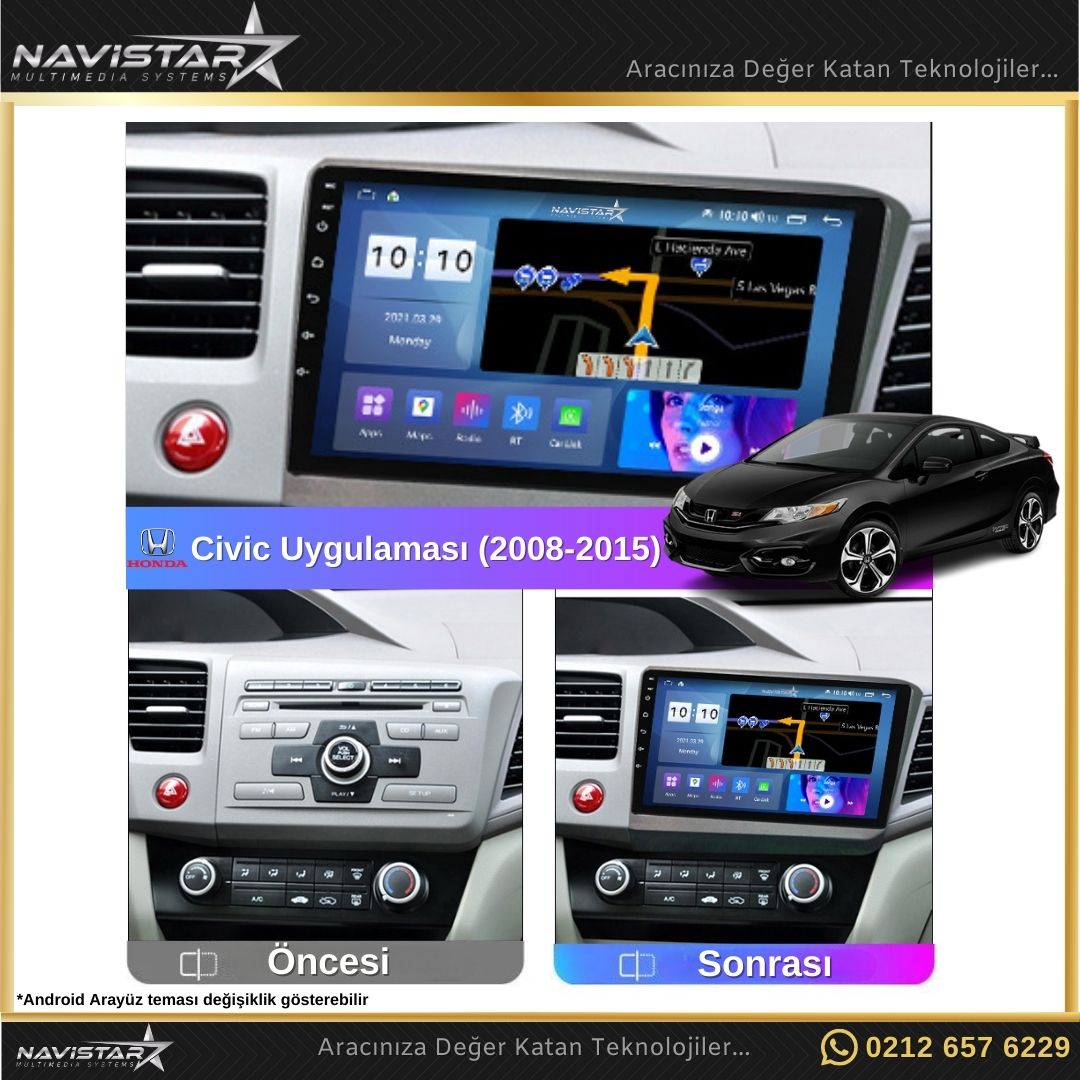 Honda Civic 2008-2015 Model 2GB + 64GB Android 13 Kablosuz Carplay Navigasyon Multimedya Sistemi