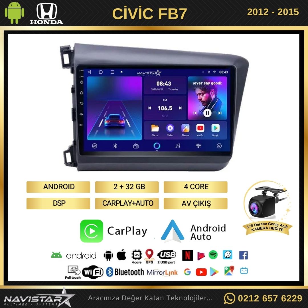 Honda Civic Fb7 2+64GB Android 13 Kablosuz Carplay 2012-2015 Navigasyon Multimedya Sistemi