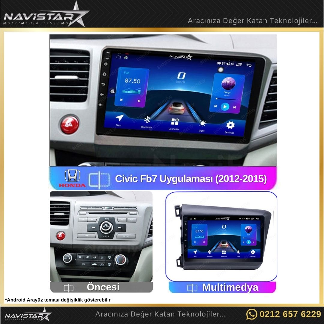 Honda Civic Fb7 2+64GB Android 13 Kablosuz Carplay 2012-2015 Navigasyon Multimedya Sistemi