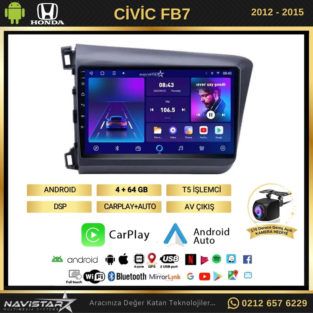 Honda Civic Fb7 4GB + 64GB Android 13 Kablosuz Carplay 2012-2015 Navigasyon Multimedya Sistemi