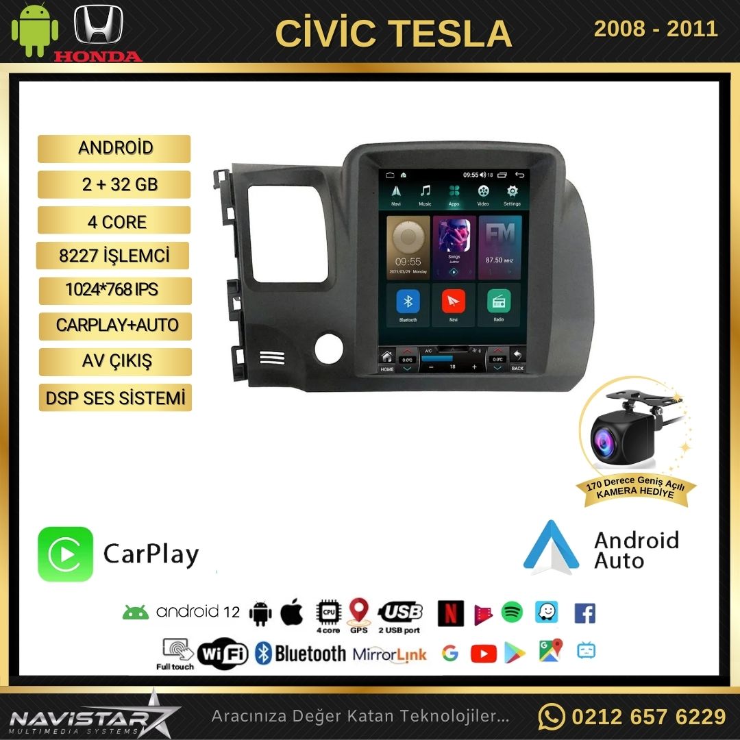 Honda Civic Tesla 2008-2011 Model 2GB + 32GB Kablosuz Carplay Navigasyon Multimedya Sistemi