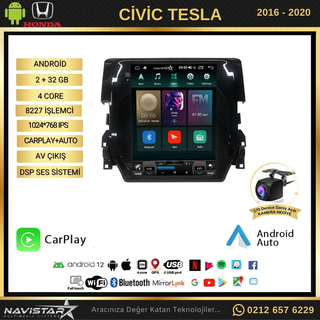 Honda Civic Tesla 2016-2020 Model 2GB + 32GB Kablosuz Carplay Navigasyon Multimedya Sistemi
