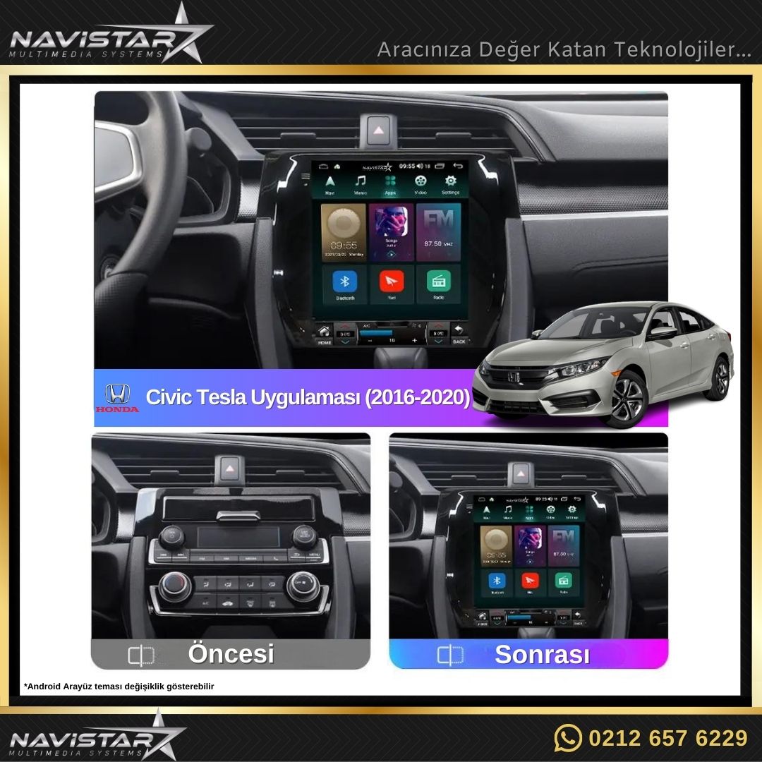 Honda Civic Tesla 2016-2020 Model 2GB + 32GB Kablosuz Carplay Navigasyon Multimedya Sistemi