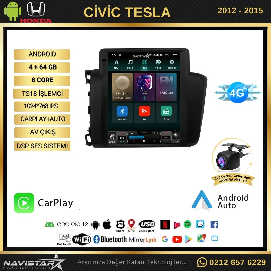 Honda Civic Tesla 4GB + 64GB 2012-2015 Model Kablosuz Carplay Navigasyon Qled Multimedya Sistemi