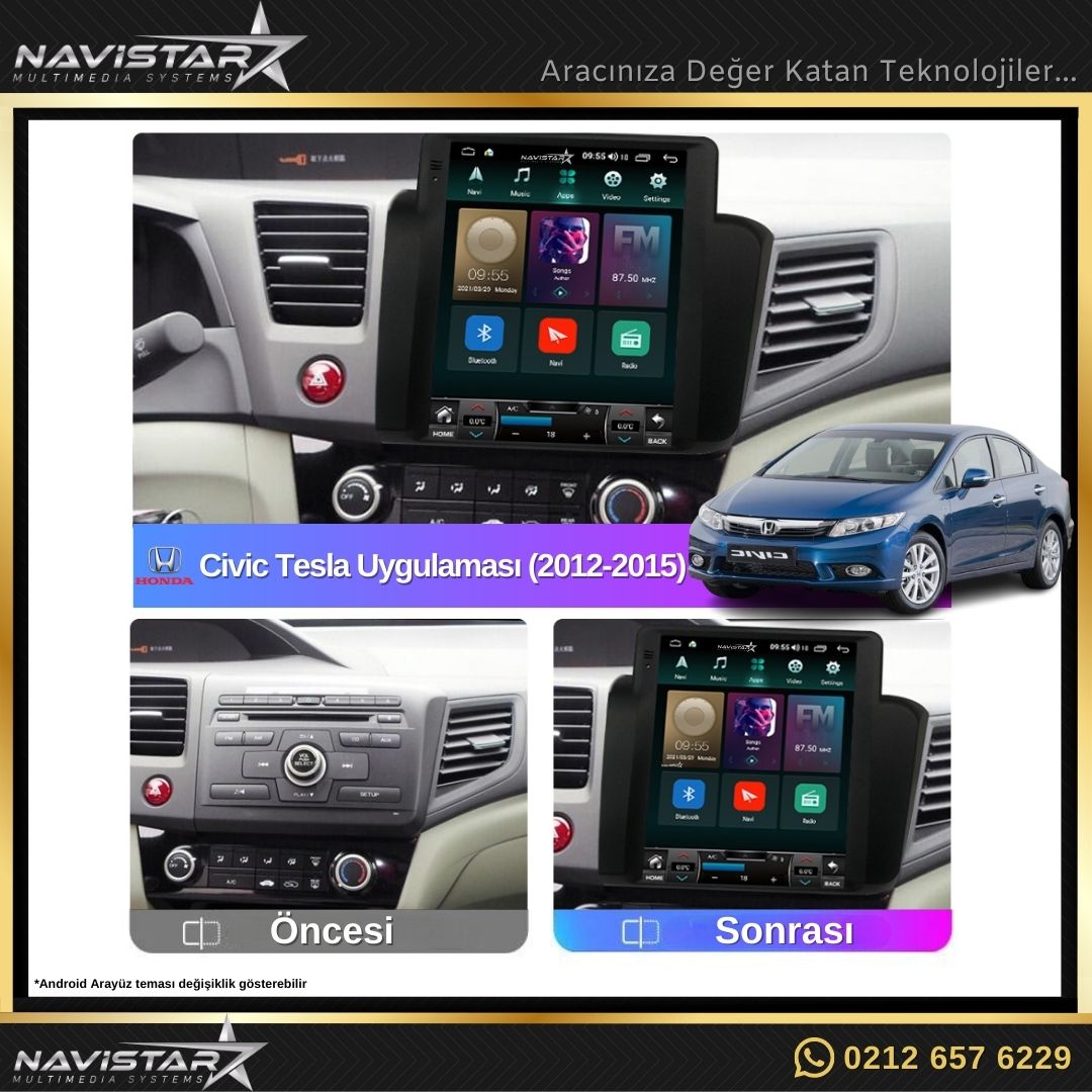 Honda Civic Tesla 4GB + 64GB 2012-2015 Model Kablosuz Carplay Navigasyon Qled Multimedya Sistemi