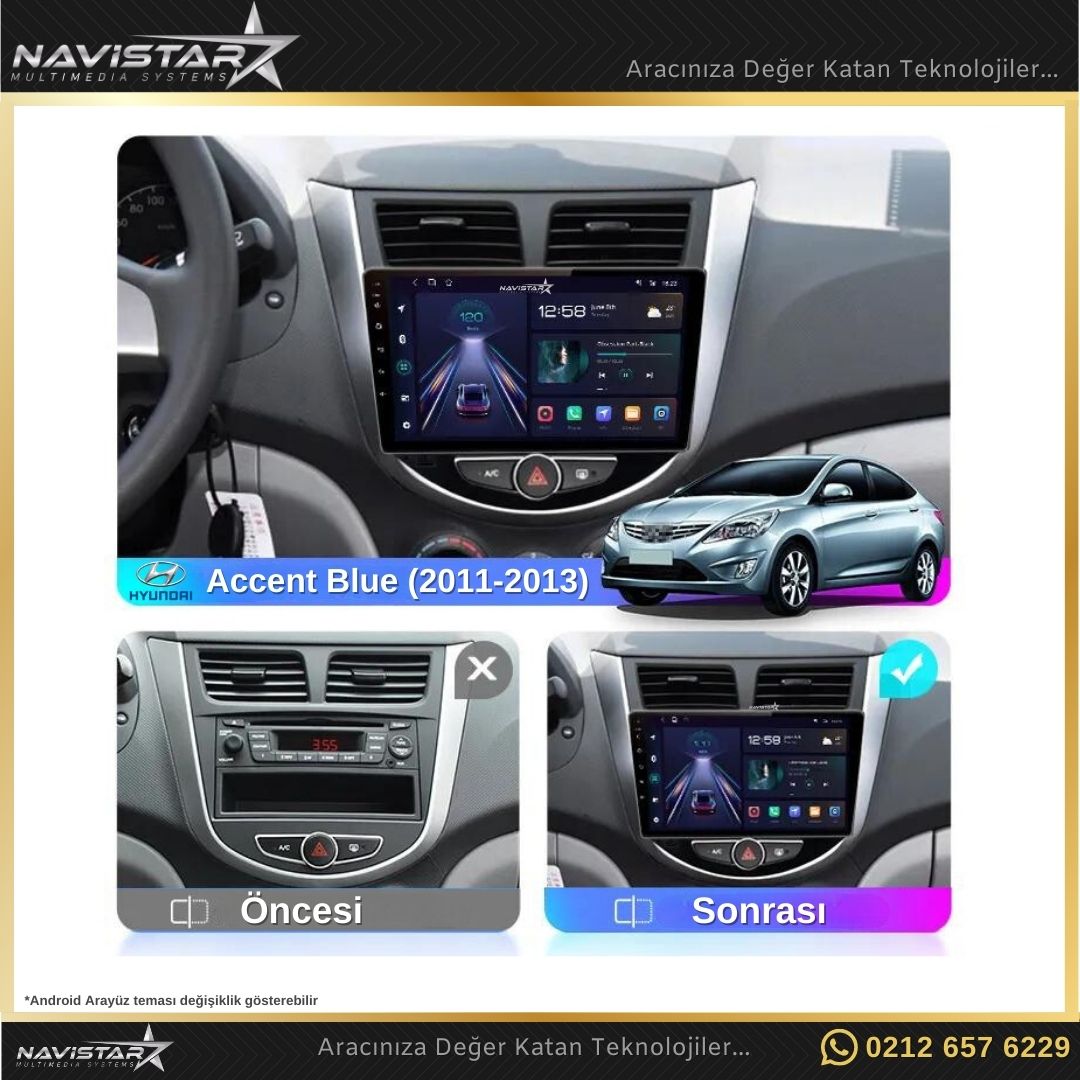 Hyundai Accent Blue 2011-2013 Model 2+64GB Android 13 Kablosuz Carplay Navigasyon Multimedya Sistemi