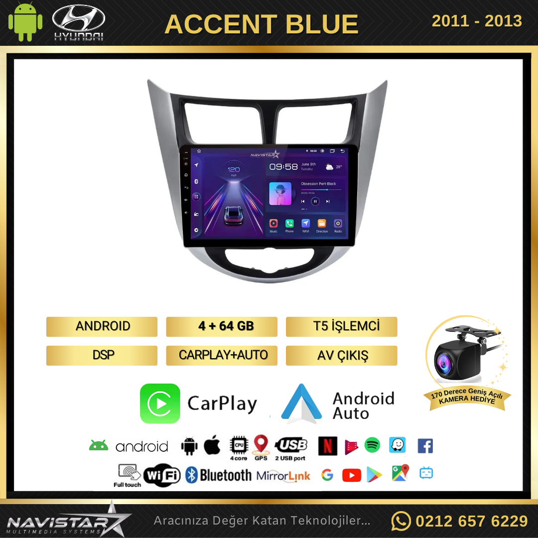 Hyundai Accent Blue 2011-2013 Model 4GB + 64GB Android 13 Kablosuz Carplay Navigasyon Multimedya Sistemi