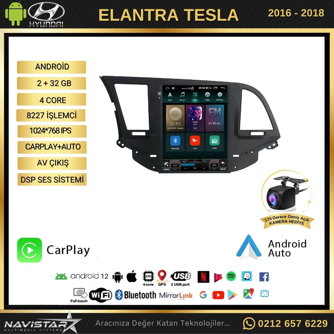 Hyundai Elantra Tesla 2016-2018 Model 2GB + 32GB Kablosuz Carplay Navigasyon Multimedya Sistemi