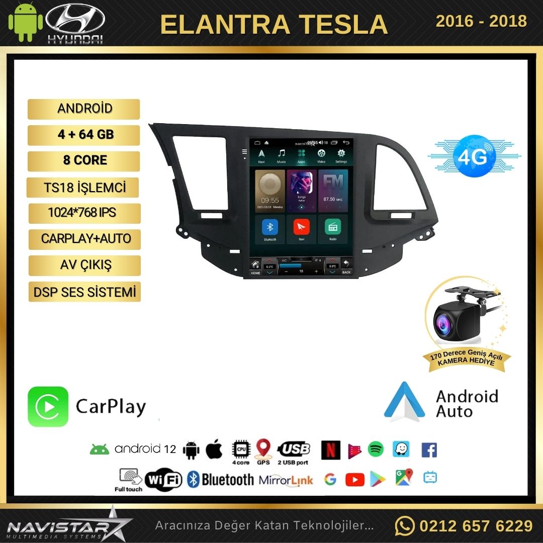 Hyundai Elantra Tesla 4GB + 64GB 2016-2018 Model Kablosuz Carplay Navigasyon Qled Multimedya Sistemi
