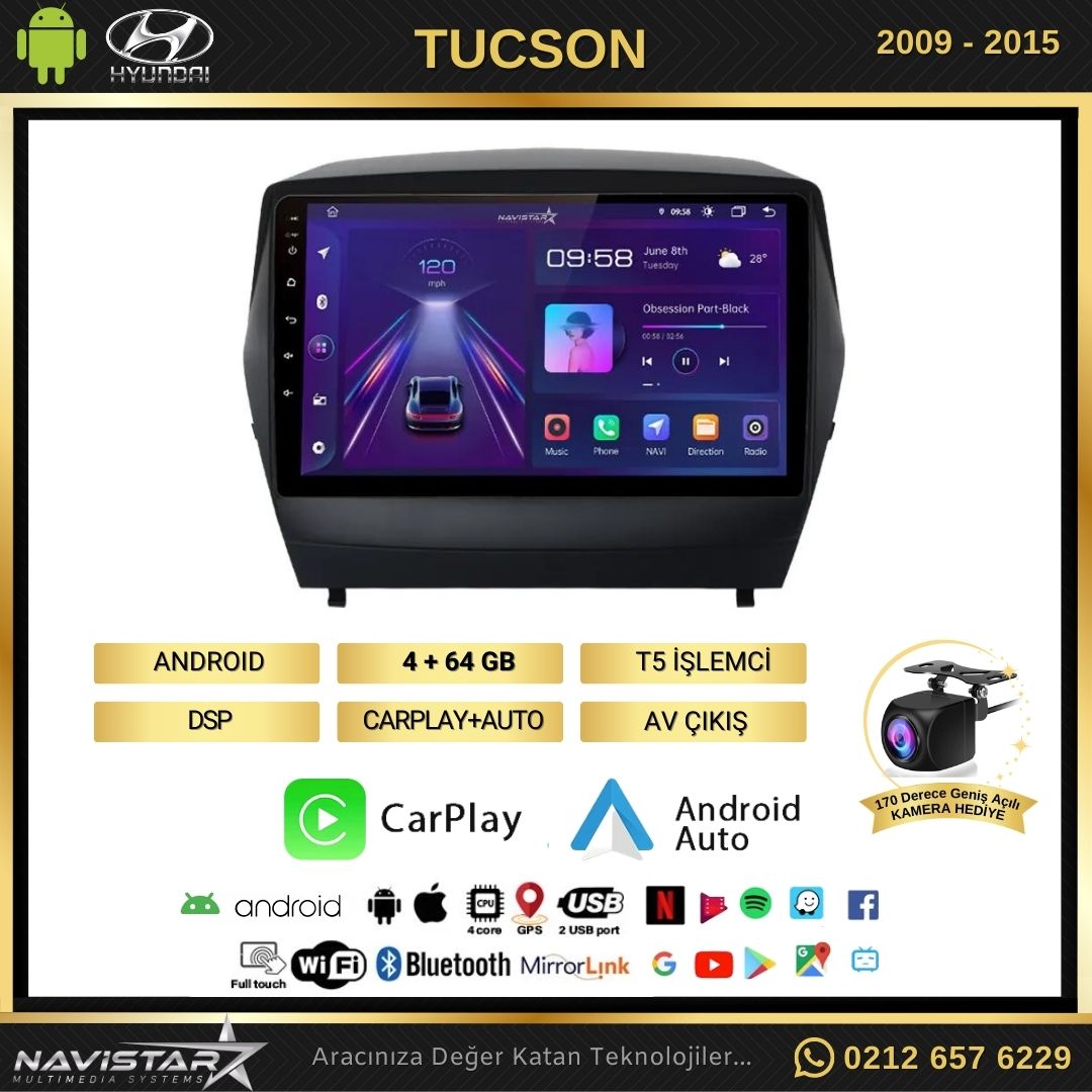 Hyundai Tucson 4GB + 64GB Kablosuz Carplay 2009-2015 Android 13 Navigasyon Multimedya Sistemi