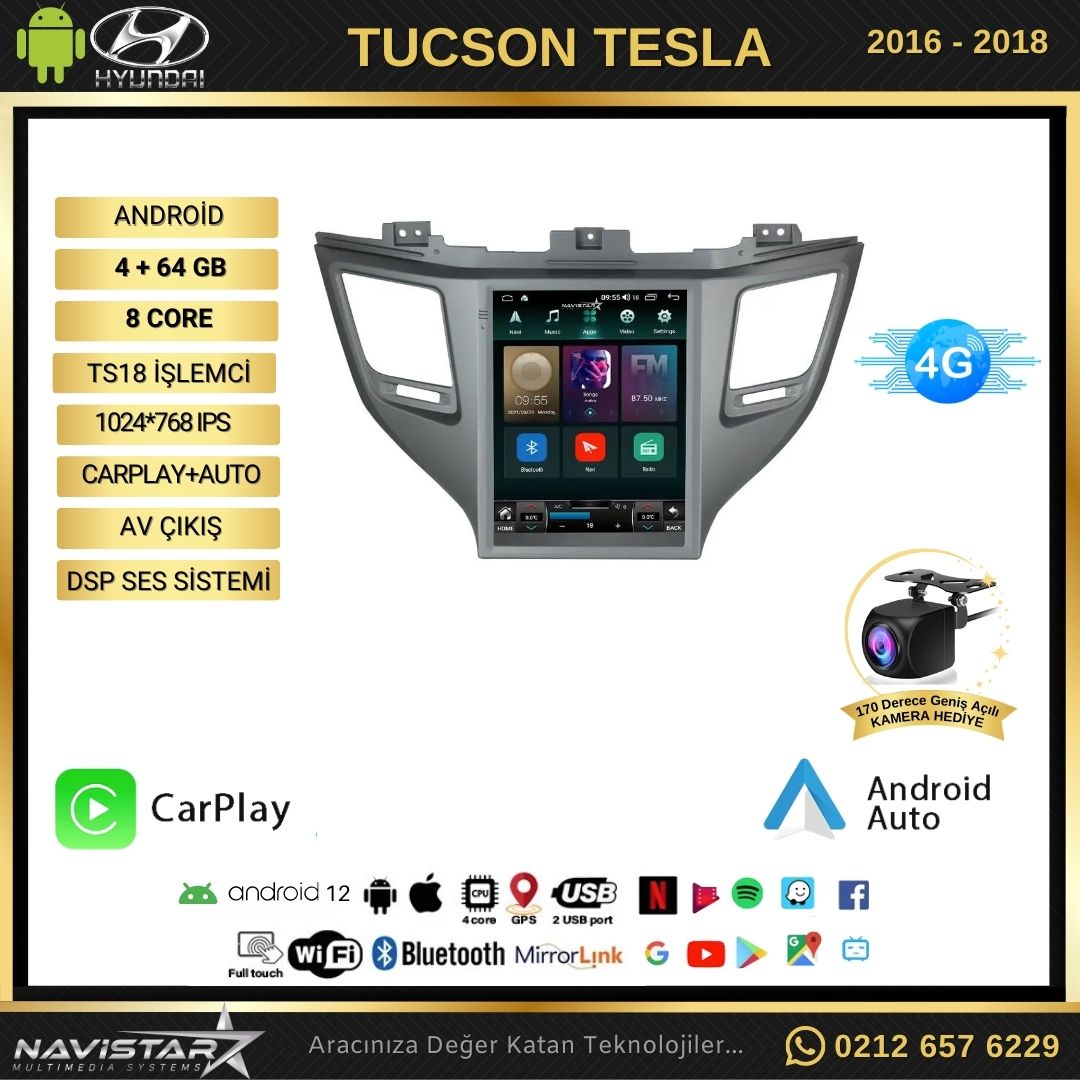 Hyundai Tucson Tesla 4GB + 64GB 2016-2018 Model Kablosuz Carplay Navigasyon Qled Multimedya Sistemi