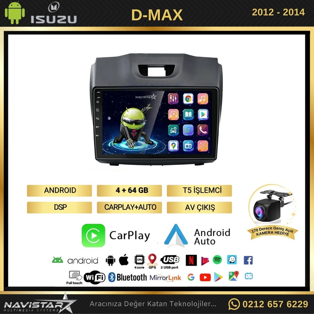 Isuzu DMax 2012-2014 Model 4GB + 64GB Android 13 Kablosuz Carplay Navigasyon Multimedya Sistemi