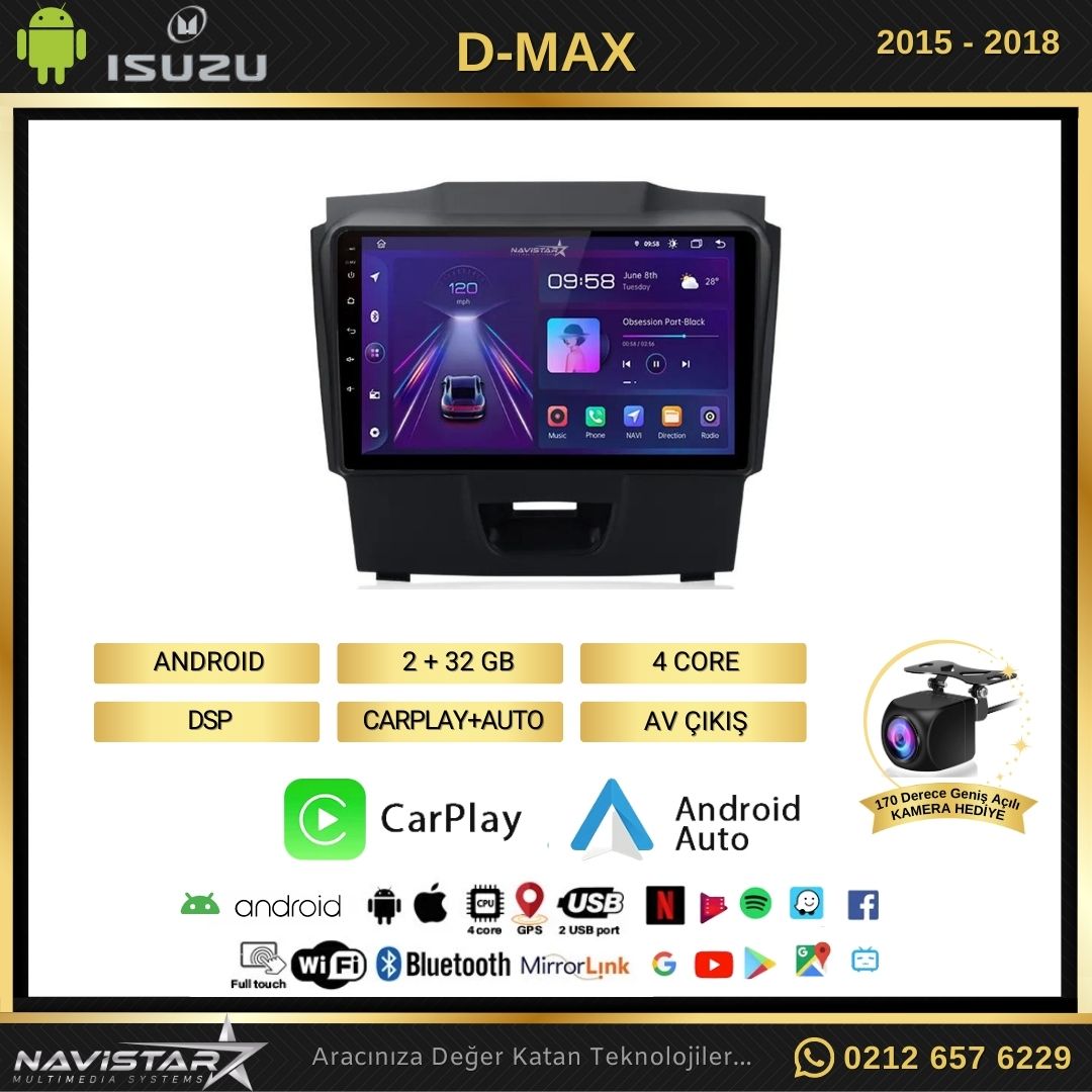 Isuzu DMax 2015-2018 Model 2GB + 64GB Android 13 Kablosuz Carplay Navigasyon Multimedya Sistemi