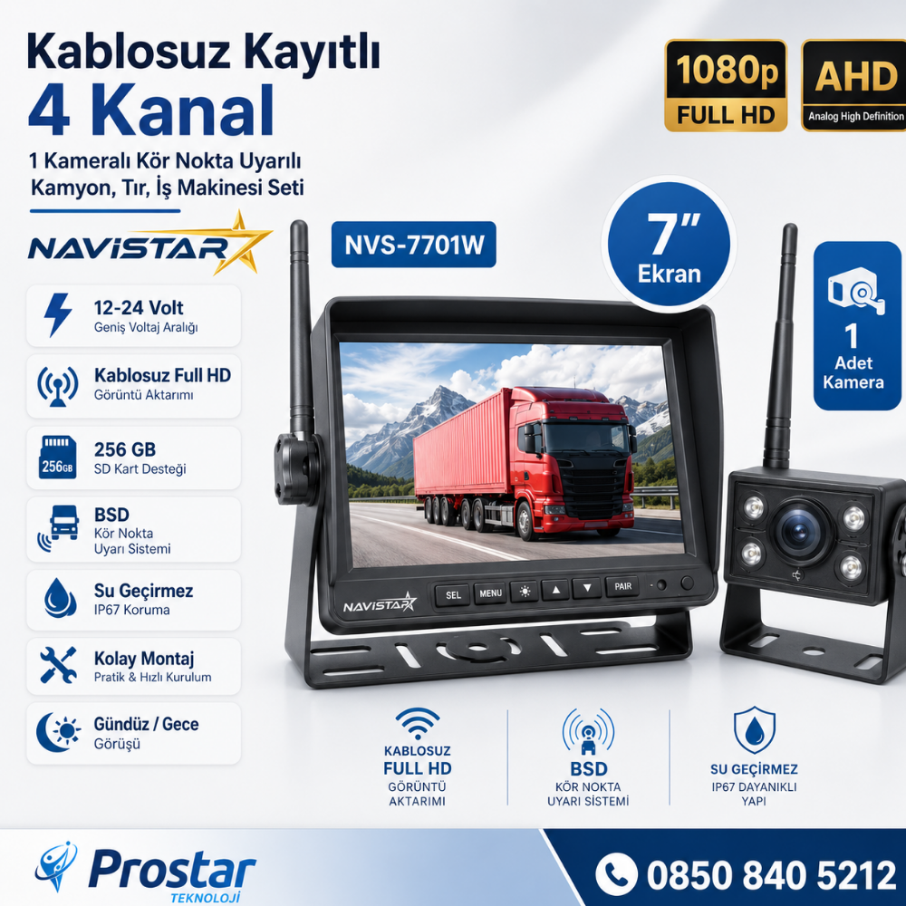 Kablosuz Kameralı 7 inç Kayıtlı Monitör Full HD BSD Kör Nokta Uyarı Sistemli Tak Kullan Kamera Seti