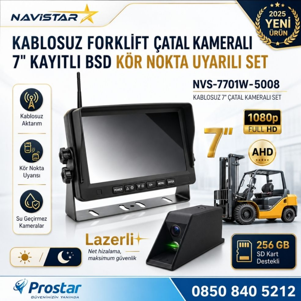 Kablosuz Lazerli Çatal Kameralı 7 inç Kayıtlı Forklift Kamera Sistemi Lazerli Kör Nokta Uyarılı 1080P Full HD Gece Görüşlü