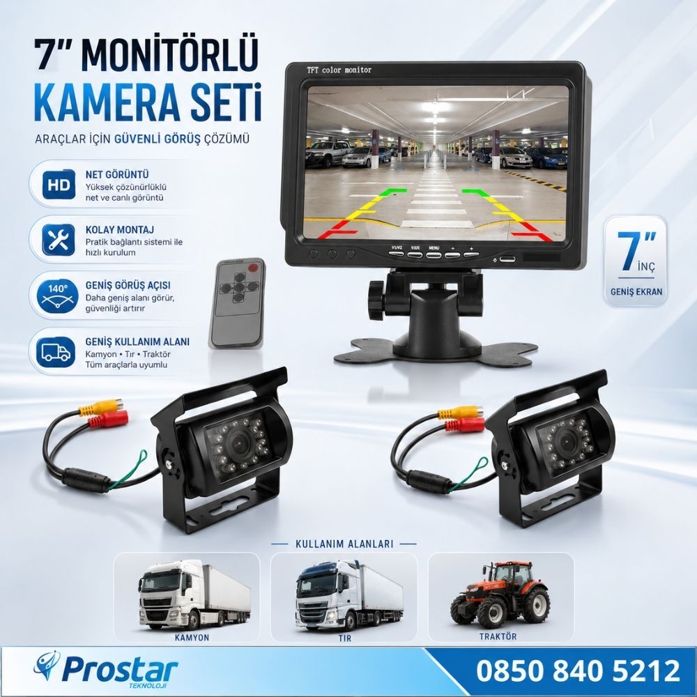 Kamyon Tır Traktör 2 Kameralı 7" Ekranlı Kamera Seti 
