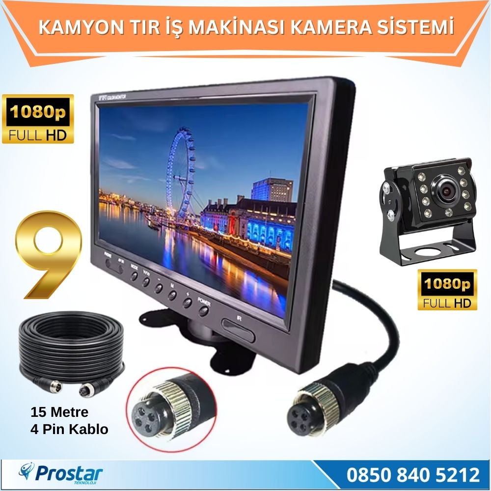 Kamyon Tır ve İş Makinaları için 9 inç AHD Monitörlü 1080P Full HD Kameralı Tak Kullan Set